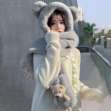 浩冠 小熊帽子女冬季可爱百搭毛线帽保暖毛绒帽围巾一体三件套秋冬天 灰色 均码