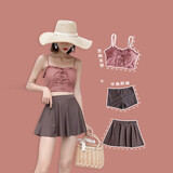 雁莎泳衣女分体三件套时尚性感裙式平角聚拢可爱温泉泳装 粉色 L（95-108）