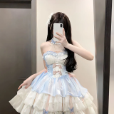 唐努乌爱神洛丽塔lolita公主风特纯欲风挂脖吊带连衣裙短裙蓬蓬裙 桔梗之约蓝色裙子+拖尾 M