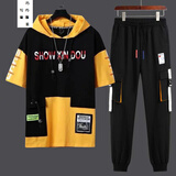 写璇 男装夏季短袖t恤套装男长裤中袖一套衣服 男生夏天春夏日韩版潮流学生夏装男士青少年半袖整套运动装 A17黄色短袖套装 XL（115-130斤）