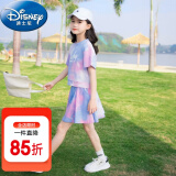 迪士尼（Disney）童装女童套装夏季2024新款中大童女孩夏装扎染纯棉短袖T恤半身裙 粉色（带安全裤） 140建议身高130-140cm年龄9-10岁