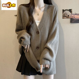 初径大版宽松慵懒风毛衣外套女款秋冬2025大码胖mm中长款针织开衫上衣 卡其【今年流 M 【建议80-100