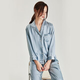 珊目尔（SMR）【重磅可外穿】真丝睡衣男女长袖两件套情侣款6A级100%桑蚕丝套装 蔚蓝色【女款】 M