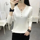 玖卡依针织衫女v领新款秋冬长袖打底衫女韩版修身显瘦纯色毛衣内搭上衣 白色 M 建议90-100斤