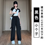 宝娜斯（BONAS）工装裤女2023新款春夏秋季高腰显瘦窄版休闲直筒阔腿美式运动裤子 黑色【小个子款】 S码(适合80-95斤)