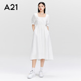 A21女装气质连衣裙女2023夏季新款法式方领收腰短袖黑色中长裙 米白 M