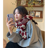 目丸针织格子围巾女秋冬季韩版百搭学生可爱少女保暖加厚毛线围脖男潮 红色系