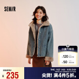 森马（Semir）牛仔棉服女拼接毛领美式复古2024冬宽松毛边夹克街头109724108017