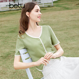 百图betu女装夏季新款T恤法式减龄蕾丝花边V领短袖T恤女2403T19 绿色 S