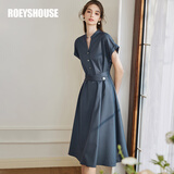 ROEYSHOUSE罗衣通勤连袖连衣裙女春夏新款优雅简约系带大摆裙子10222 深蓝色 XL