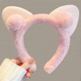 飞花 可爱发箍女洗脸发卡通猫耳朵头饰公主毛绒动物压发洗漱成人儿童 浅粉色 1个