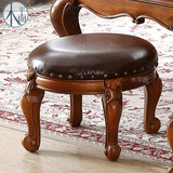 木平面美式实木小圆凳客厅小凳子复古圆形矮凳雕花茶几凳家用板凳放脚凳 不旋转咖色皮