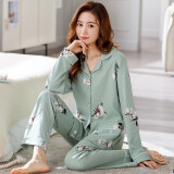 优婷菲（YOUTINGFEI）睡衣女春秋季纯棉长袖薄款宽松全棉家居服女士秋款大码套装可外穿 HME-8237浅绿 XL(身高160-170 体重125-140)