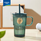 乐唯诗（LOVWISH）墨绿原色玻璃水杯带把咖啡杯饮料杯 墨绿印章杯【带盖吸管】 410ml 1只
