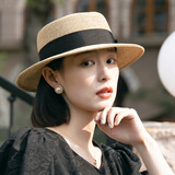 慕琼（MUQIONG）草帽女夏季平檐遮阳帽女款时尚防晒帽子女士草编平顶太阳帽可折叠 黑带 可调节M55-58cm