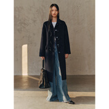 太平鸟女装毛呢大衣大师甄毛系列牛角扣双面呢大衣女 藏青色 M