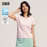 森马（Semir）[凉感T]短袖T恤女修身V领正肩简约24抗菌夏装纯色 粉红60059-V领 S