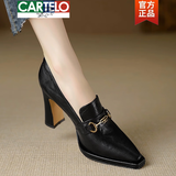 卡帝乐鳄鱼（CARTELO）复古棕色高跟鞋女2025年春季新款时尚百搭深口防水台真皮粗跟单鞋 黑色 36
