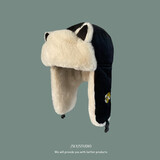 云见森知 雷锋帽子男女冬天韩版百搭可爱灯芯绒护耳保暖帽户外东北防寒 刺绣小狗-黑色