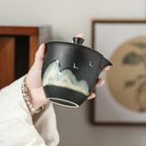 雅轾茗品 远山侧把壶单壶茶壶创意不锈钢滤网泡茶壶家用茶具黑陶 粗陶窑变远山-手抓壶