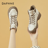 达芙妮运动休闲鞋女牛皮系带高帮鞋白色软底ins潮加绒老爹鞋女鞋4622607040 米杏（加绒） 36
