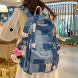 鑫沐古着感书包女高中学生初中生大容量牛仔布双肩包休闲百搭个性背包 蓝色【含吊坠+蝴蝶结狗头挂件】