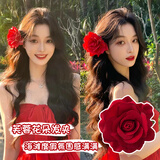 巧丂红色玫瑰花朵发夹侧边刘海夹子海边度假头饰发卡氛围感发饰拍照 花朵发夹-红色