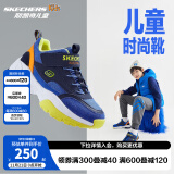 Skechers斯凯奇儿童绒绒靴男女童冬季防滑儿童加绒运动鞋中帮棉靴302527L 男童-不加绒/蓝色/多彩色/BLMT 28.5码