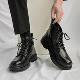 跨足行男靴秋冬季加绒保暖高帮牛皮马丁棉靴英伦风中帮工装黑色雪地皮鞋 黑色6孔中帮系带款【四季款】 39 标准运动鞋码
