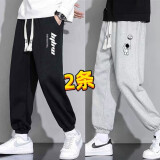 百鹊亭【买一送一】裤子男2025夏季薄款潮牌宽松休闲裤男运动束脚卫裤男 K字母黑+太空灰【2件装】 XL 【建议120-140斤】