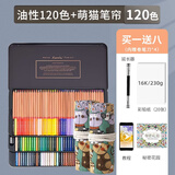 马可（MARCO） 油性彩铅雷诺阿彩色铅笔铁盒套装3100专业手绘彩笔秘密花园涂色填色笔彩铅笔 120色铁盒+萌猫笔帘