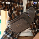 Troop男帆布腰包运动挎包胸包男复古手机运动腰包欧美户外斜跨帆布包 大号帆布版黑灰色345升级