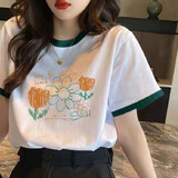 欧洛黛短袖t恤女2025夏季新款宽松百搭显瘦时尚休闲体恤女上衣女士短袖 [绿领] 太阳花 2XL