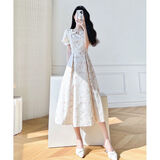 NYJK浮雕提花连衣裙女夏季小众设计感甜美初恋复古温柔法式碎花中长裙 白色粉花 L