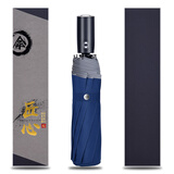 泽时雨全自动雨伞三折安全防回弹105CM男士商务伞女士礼品伞晴雨两用 防回弹105CM蓝色-礼盒皮套装