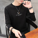 慈良新款秋季男士棉长袖修身韩版潮流国风刺绣个性圆领T恤潮装上衣服 黑色 L (100斤-120斤)