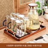 格娜斯（CRISTALGLASS）耐热玻璃水杯家用套装客厅待客茶杯带把手柄家庭喝水杯子杯架 六色杯+金色架+木盖壶+提手托盘