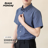 BLACKMONDAY纯棉格子衬衫男短袖薄款全棉商务休闲男士正装液氨抗皱免烫衬衣