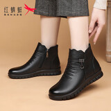 红蜻蜓短靴女加绒保暖雪地靴中老年棉皮鞋平底牛皮棉鞋WTC428791黑色37
