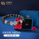 中国黄金（CHINA GOLD）貔貅手串男款足银潮酷银曜石感手链共庆母亲节礼物送男朋友生日 貔貅六字真言珠银曜石手串【玫瑰礼盒】