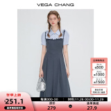 VEGA CHANG短袖连衣裙女2024年夏季新款假两件方领学院风撞色拼接收腰长裙子 陨石灰（花边领） S