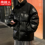 南极人PU皮拼接棉衣男冬季新款加厚韩版潮流面包服外套男士潮牌ins宽松大码棉服棉袄 黑色 L