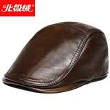 北极绒（Bejirog）真皮帽子中老年人男冬季老头鸭舌帽护耳头层牛皮前进贝雷帽 贝雷牛皮帽-浅棕色