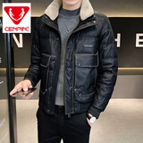诚品时尚男装羽绒服男冬装新款男士外套毛领皮衣羽绒服男潮上衣 黑色 2XL