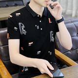 榜尊新品印花棉短袖t恤男Polo带领体恤修身汗衫潮流打底衫上衣装 黑色 XL (120斤-135斤)