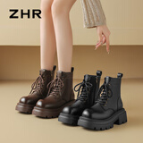 ZHR女靴冬季粗跟增高马丁靴女复古加绒小个子短靴女 JF95A 棕色 39 