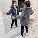 诺佳微淇童装女童棉衣外套2024新款秋冬装中大儿童中长派克服加绒加厚棉服 灰色 140
