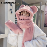 迷人微笑小熊帽子女冬季毛线帽围巾手套一体帽骑车保暖脖套毛绒可爱学生 粉色 均码