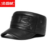 北极绒真皮帽子男秋冬季贝雷鸭舌帽中老年人护耳保暖头层牛皮老头前进帽 平顶牛皮帽-深棕色（礼盒装）