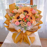 馨仪鲜花速递玫瑰向日葵康乃馨花束生日礼物全国同城配送 粉玫瑰向日葵混搭花束-甜蜜
